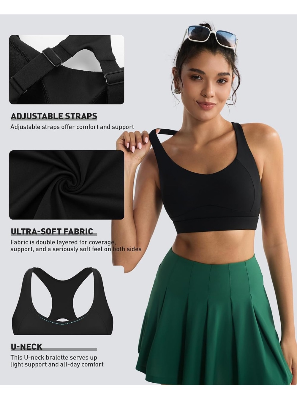 RUNNING GIRL Black Adjustable Straps High Impact Sports Bra for Women Medium M